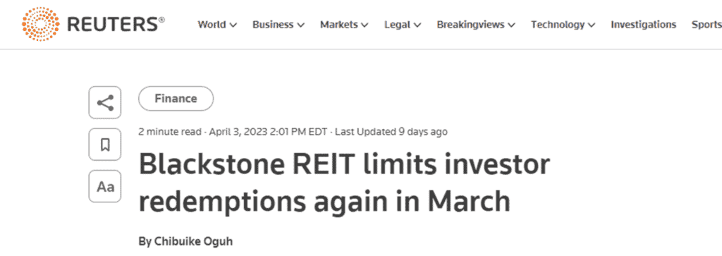 Reuters - blackstone REIT limtis investor redemptions again in March