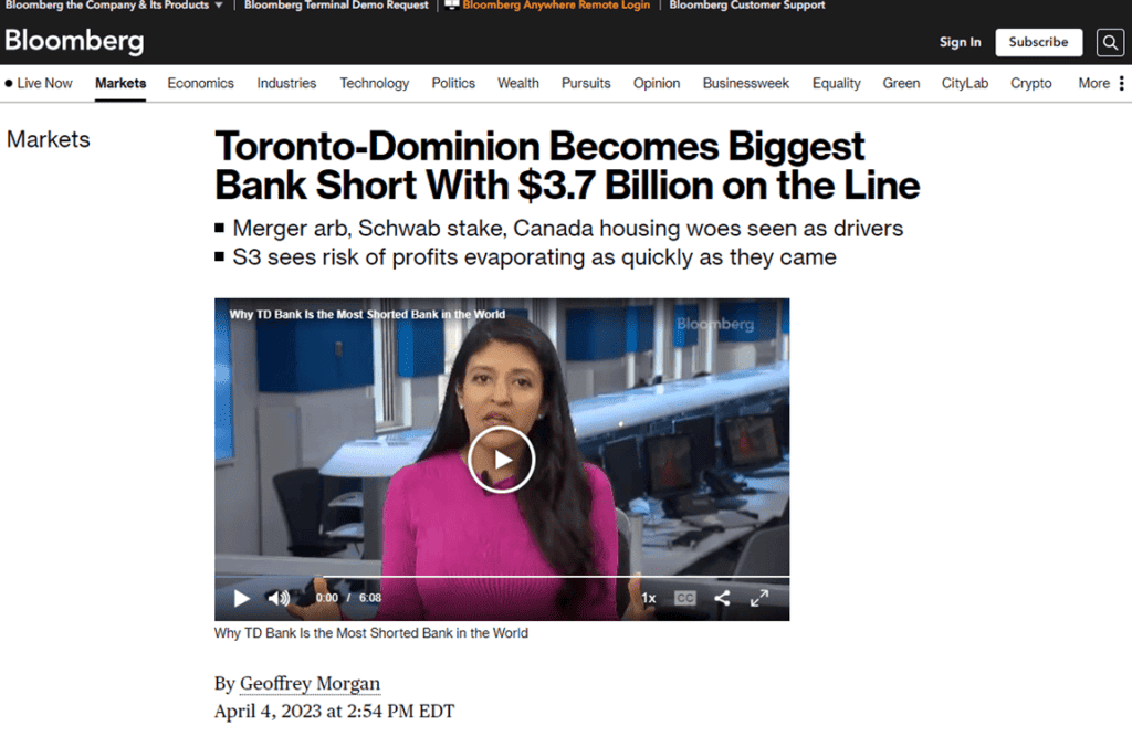 news-toronto dominion becomes biggest bank short with 3.7 billion on the line