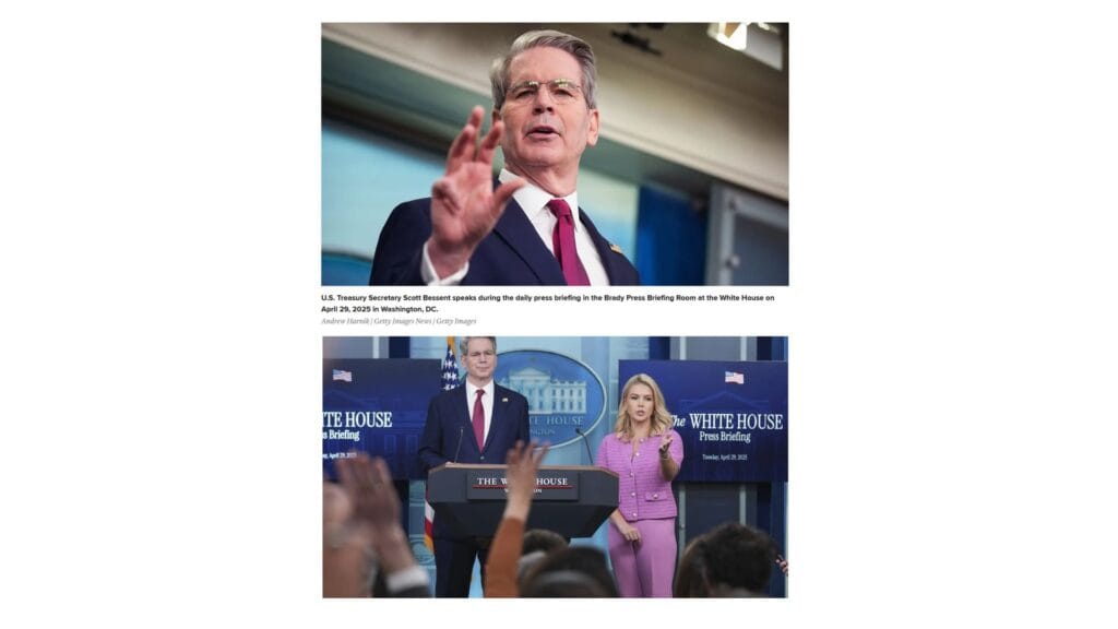 Treasury Secretary Scott Bessent speaks during White House briefing with Press Secretary Karoline Leavitt